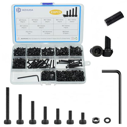 630 Pcs M3 Screws Assortment Kit, M3x6mm/8mm/10mm/12mm/16mm/20mm/25mm/30mm, Metric Hex Socket Head Cap Screws Nuts Washers Kit with Wrench, Black Zinc Plated - size: M3 630Pcs 6mm-30mm