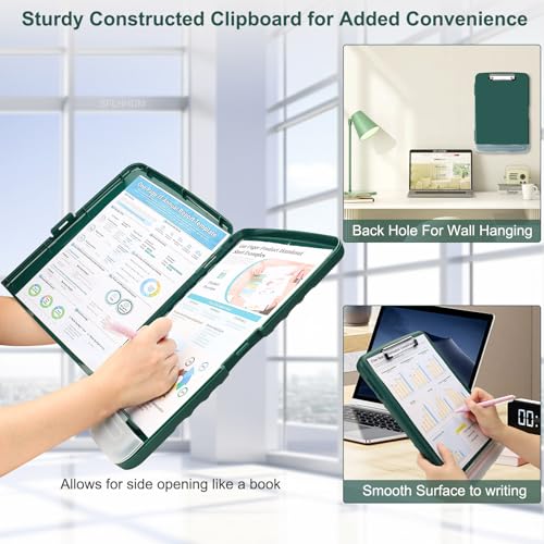 Clipboard with Storage, A4 Binder Nursing Clipboards with Pen Holder, Heavy Duty Storage Clipboards with Low Profile Clip, Clipboard Folder Side-Opening, Smooth Writing Clip Board (Emerald) - color: Emerald