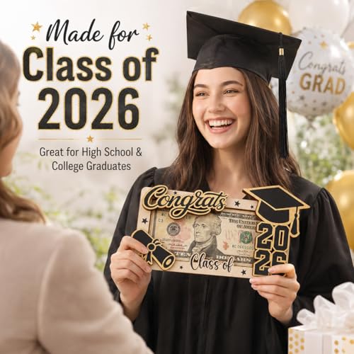 KATINAT 1pc Graduation Money Holder 2026, Congrats Class of 2026 Cash Gift Holder, Wooden Graduation Gift Card Holder for High School College Seniors, Grad Gift for Her, Him - color: Black Gold