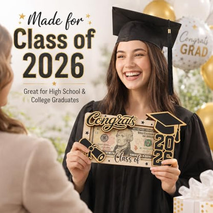 KATINAT 1pc Graduation Money Holder 2026, Congrats Class of 2026 Cash Gift Holder, Wooden Graduation Gift Card Holder for High School College Seniors, Grad Gift for Her, Him - color: Black Gold