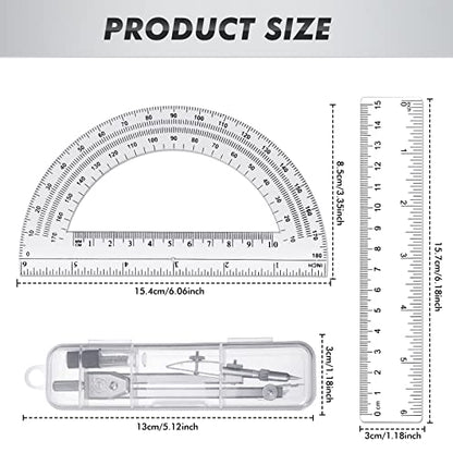 Zonon 3 Pcs 6" Clear Plastic Ruler 6 Inch Protractor Compass Set, Clear - color: Clear, size: 6 Inch