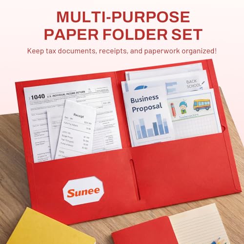 SUNEE Two Pocket Folders, 50 Pack File Folders with Business Card Slot, Textured Paper, Fit Letter Size Paper, Paper File Folder for School Office Home Business, Red - color: Red