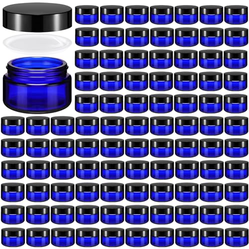 Domensi 100 Pcs 1oz Glass Jars Bulk, Cobalt Blue, Black Lid, Plastic Lid - color: Cobalt Blue, Black, size: Plastic Lid