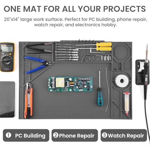 Silicone Soldering Mat with Soldering Stand, Heat Resistant 932°F, Large 20x14 Inch Non-Stick Workbench Mat for Electronics Repair, PCB, Phone, Watch, PC Building, Hobby & Craft – Grey - color: Grey