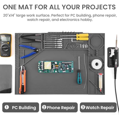 Silicone Soldering Mat with Soldering Stand, Heat Resistant 932°F, Large 20x14 Inch Non-Stick Workbench Mat for Electronics Repair, PCB, Phone, Watch, PC Building, Hobby & Craft – Grey - color: Grey