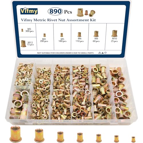 Metric Rivet Nut Assortment Kit, 890Pcs M3-M12 Zinc Plated Rivnuts - color: Yellow, size: Metric Assortment - 890 Pcs