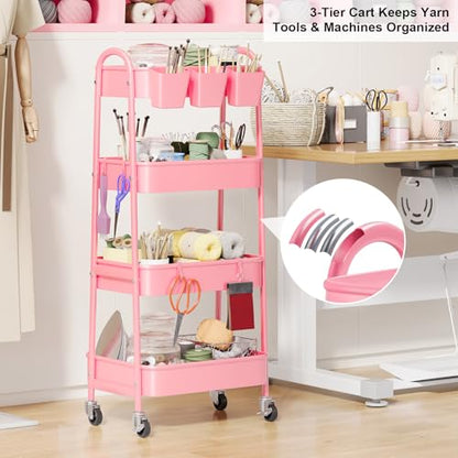 4 Tier Rolling Cart Metal with Lockable Wheels, Four Tiered Utility Carts - color: Fashion Pink, size: 4 tier