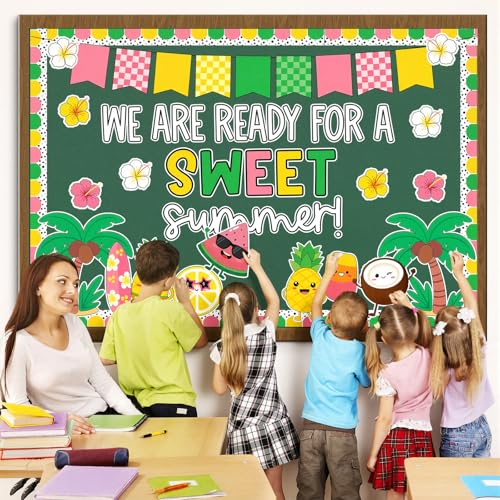 Epakh Summer Bulletin Board Decorations Set We are Ready for a Sweet Summer Classroom Decor with Fruit Palm Trees Cutouts for Teacher Wall Door Hawaii Beach Theme Classroom Display - style: Sweet Summer