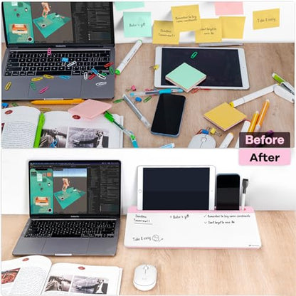 Varhomax Glass Desk Whiteboard with Storage, Desktop Organizer - color: Pink Base