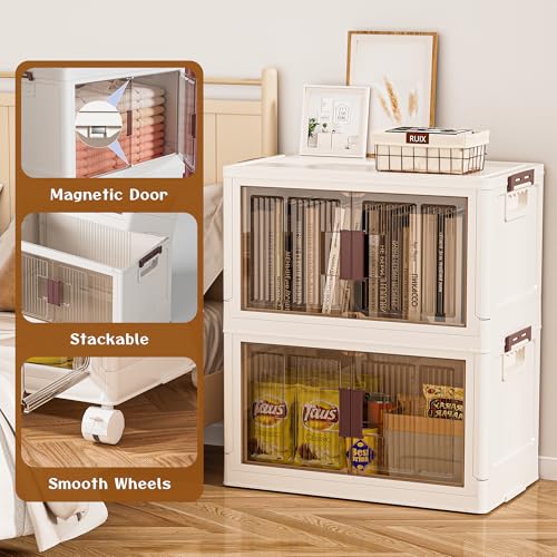 60GAL/240QT 4 tier large stackable storage bins with lid and wheels, collapsible storage bins plastic with doors，suit for clothes, closet, home and office - size: 60QT, style: 4 Pack with 1 top lid