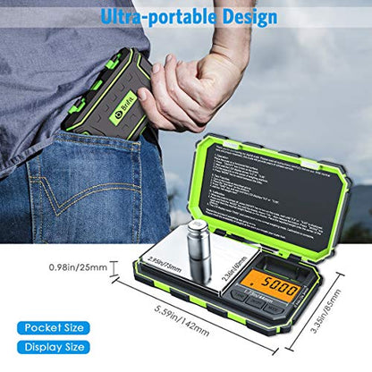 AMIR Digital Mini Scale, 200g /0.01g Pocket Scale, 50g Calibration Weight, Electronic Smart Scale, 6 Units, LCD Backlit Display, Tare, Auto Off, Stainless Steel (Battery Included) - color: Green