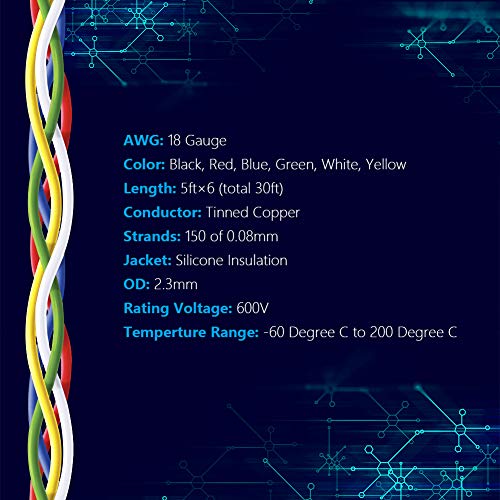 Fermerry 18 AWG Stranded Wire Spool 5ft Each 6 Colors - size: 5FT, style: 18 AWG-6C