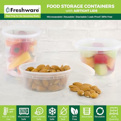 Freshware Food Storage Containers with Lids [60 Pack 8, 16, 32 oz, 20 sets each size] Plastic Deli Containers, Meal Prep Containers, Microwave and Freezer Safe, Stackable, Leakproof, BPA Free, Clear - size: 8, 16, 32 oz - 60 Mix Set