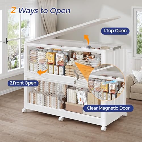 960QT Extra Large Stackable Storage Bins with Lid, 240Gal Plastic Closet Organizers and Storage Drawer, Collapsible Cabinet Box with Wheels Clear Doors for Home Kitchen Office, 3Pack White - size: 320QT