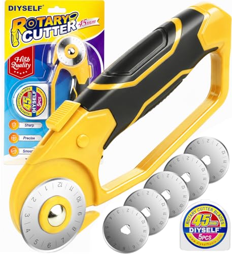 DIYSELF 45mm Rotary Cutter for Fabric, Fabric Cutter Rotary Tool, 5 Blades - color: Yellow