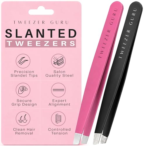 Tweezer Guru Tweezers for Women Facial Hair & Men – Precision Slant-Pointed Eyebrow Tweezer for Ingrown Hair, Blackhead & Splinter Removal (Black+Pink) - color: Black + Pink, size: 2 Count (Slant)