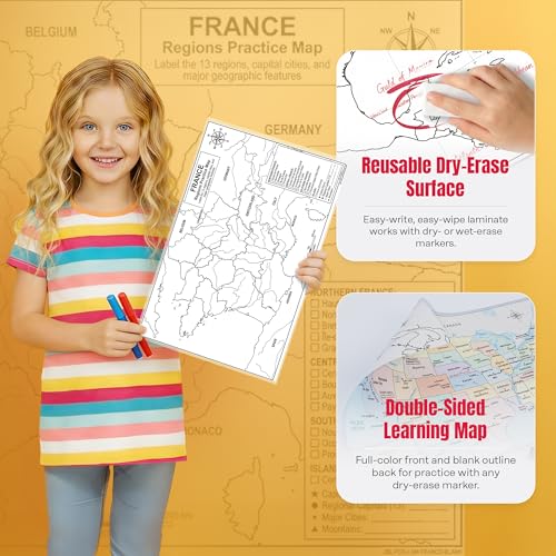 France Map Poster 11x17 | Laminated Double-Sided Geography Chart with Color Map Front & Blank Outline Back | Reusable Classroom & Homeschool Learning Tool - color: France