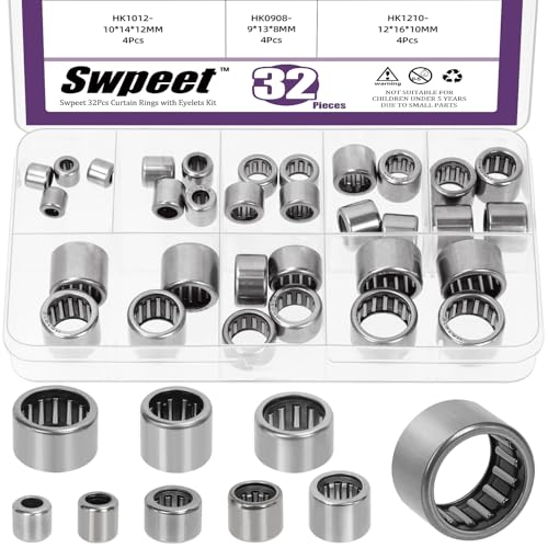 Swpeet 32Pcs 8 Models HK0306-HK1210 Needle Roller Bearings Kit, Full Complement Drawn Cup, Open End Caged Bearing, ST14 Steel Single Row Roller Bearing for Agricultural Construction Equipment