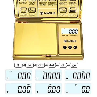MAXUS Digital Gram Scale 200g x 0.01g, Gold Pocket Scale for Jewelry, Food - color: Gold