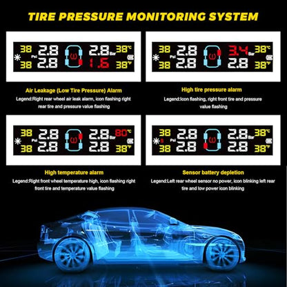 Sun Walker Tire Pressure Monitoring System, Wireless Tire Pressure Monitor with 4 Sensors & 6 Alarm Modes, Real-Time LCD Display TPMS with Solar & USB Charger for RV Truck Trailer