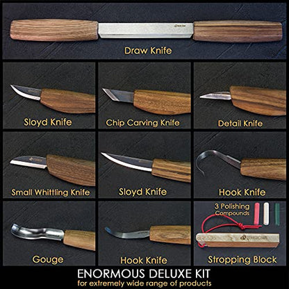 BeaverCraft Deluxe Wood Carving Kit S50X - Wood Carving Tools Wood Carving Set - Spoon Wood Carving Knives Tools Set - Whittling Kit Knife Woodworking Kit for Beginner and Profi (Brown)