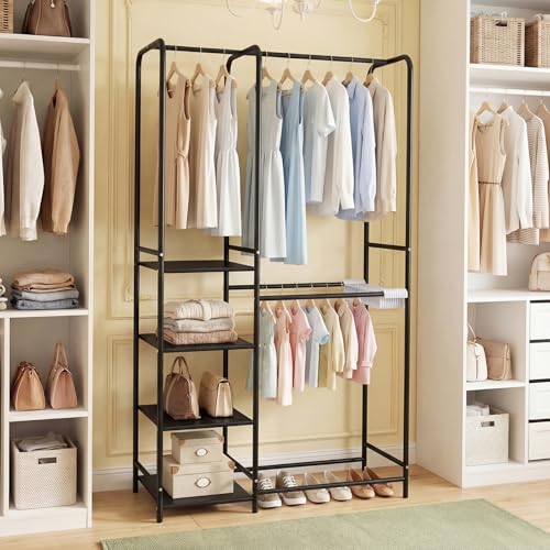 GIANTEX Clothes Rack with Pants Hangers, Heavy-Duty Metal Clothing Rack with 2 Hanging Rods & 4 Storage Shelves, Freestanding Garment Racks, Closet Organizer for Bedroom, Cloakroom (Black) - color: Black
