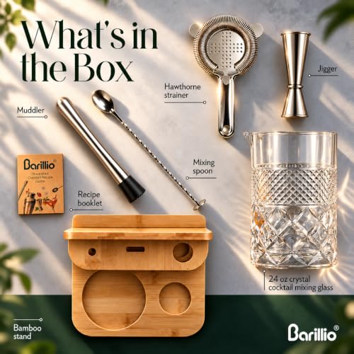 Barillio 24 Oz Crystal Cocktail Mixing Glass with Bamboo Stand & Bar Tools | Seamless Lead-Free Crystal, Weighted Base Stirring Pitcher | Including Muddler, Mixing Spoon, Jigger and Strainer - size: 7-Piece Set (24 oz)