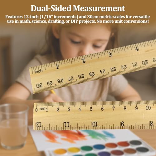 Wooden Ruler 12 Inch Bulk Dual-Sided Inches & Metric Measuring Stick for Classroom, Office, School for Teachers, Students, Artists (12 Pack) - size: 12 Pack