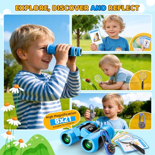 8x21 Kids Binoculars with 25 Scavenger Hunt Cards, Camping Toys for Boys Girls Ages 4-6-8-12 Outdoor Explorer Kit with Compass|Magnifying Glass, 3-12 Year Old Boy Bird Watching Hiking Birthday Gift - color: Blue