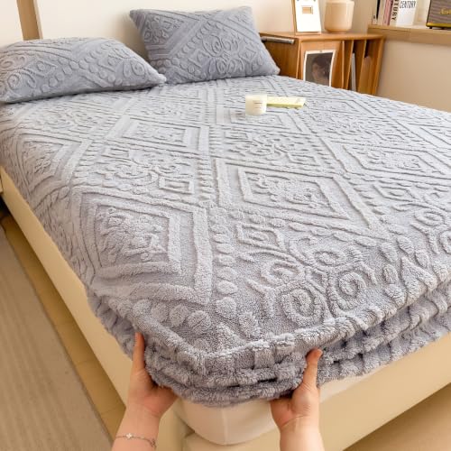 European Damask Embossed Plush Fitted Sheet,Queen,Light Gray,60x80inch - color: Light Gray, size: Queen(60"x80")