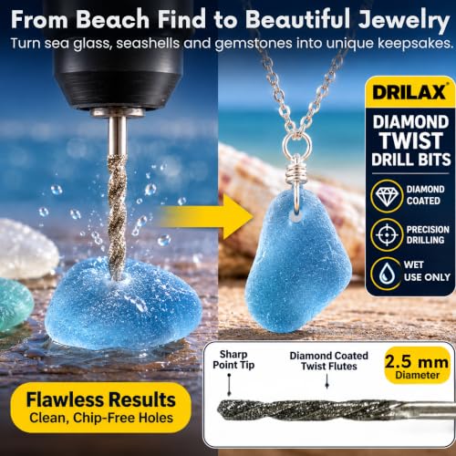 Drilax 20 Pc 2.5mm Diamond Drill Bit Set, Rotary Tool Bits with Collet, Compatible with Dremel for Glass, Sea Glass, Shells, Gemstones, Ceramic, Jewelry Making & Lapidary - size: 2.5mm