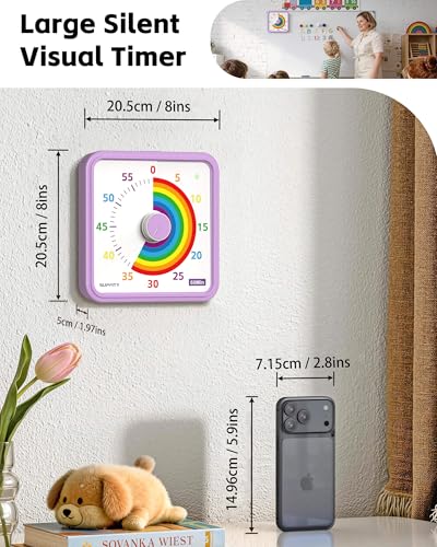 8-Inch Large Visual Timer for Kids 60-Minute Classroom Timer Magnetic - color: Purple-rainbow