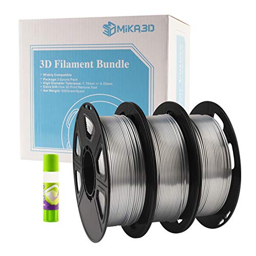 Silk Metallic Shiny Silver PLA Filament Bundle - 1.75mm 3D Printer Filament Each Spool 0.5kg, 3 Spools Pack, Total 1.5kgs 3D Printing Material with Extra Stick Tool by MIKA3D - color: 3 Spools - Silk Silver Pla