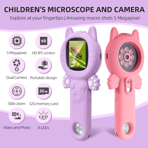 Kids Microscope, 500X Microscope for Kids, Dual Camera - color: Purple