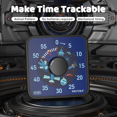 Secura 7.5-Inch Astronaut Pattern Visual Timer for Kids, 60-Minute Countdown Timer for Classroom or Kitchen, Durable Mechanical Timer Clock with Magnetic Backing (Black) - color: An & Black