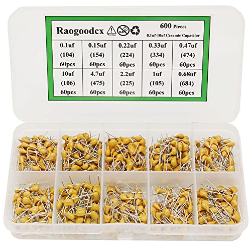 600Pcs 10Value Ceramic Capacitor Assortment Kit 0.1uf-10uf 50V DIP Monolithic Multilayer Chip Capacitors for Hobby Electronics, Audio-Video Project Electronic Repair