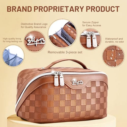BOYATU Travel Makeup Bag Organizer: 180°Open-Flat 3 Pcs Make up Bags Set - color: 01-F-Brown