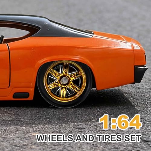 MECCANIXITY 8 Set 1/64 Wheels and Tires Set, Real Riders Rims Includes Axles for RC Diecast Car DIY Model, 5 and 6-Spoke Gold Silver Red Line Black Rims