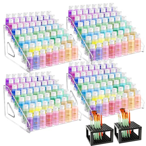 GRETJOB 4 Pcs Clear Acrylic Paint Organizer Rack with 2 Brush Holder, 7 Layer Acrylic Paint Tube Organizer, Snap-On Craft Organizers and Storage for Versatile Storage, No-Tools Setup & Quick Access - color: 4 Set