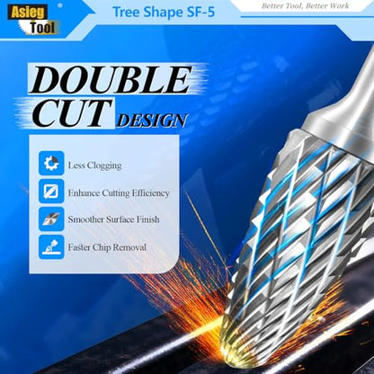SF-5 Tungsten Carbide Burr Rotary File Tree Shape Radius End Shape Double Cut for Die Grinder Drill Bits 1/4'' Inch Shank Diameter and 1/2'' Diameter of Cutter 1'' Inch Cutter Length - 5Pcs - style: 5pcs SF-5