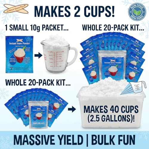 Instant Snow Powder - 20 Ind. Packs (10g) Makes Approx. 40 Cups Fluffy Fake Snow. Reusable, Non-Toxic, Perfect for Science Experiments, Holiday Decor, Sensory Play, Party Favors
