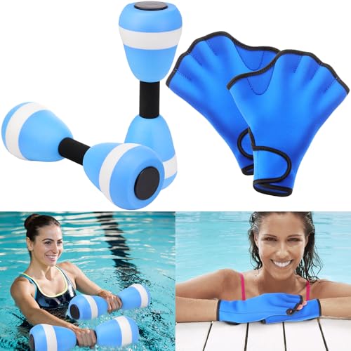 Seenelling Water Aerobics Set for Adults Neoprene Swim Gloves 2 Foam Aquatic Dumbbells Pool Exercise Equipment Water Weights for Aquatic Fitness Low Impact Pool Workouts - color: Blue