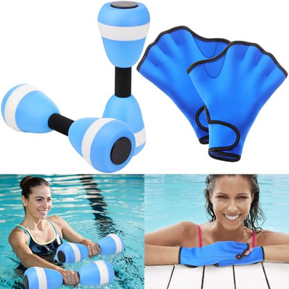 Seenelling Water Aerobics Set for Adults Neoprene Swim Gloves 2 Foam Aquatic Dumbbells Pool Exercise Equipment Water Weights for Aquatic Fitness Low Impact Pool Workouts - color: Blue
