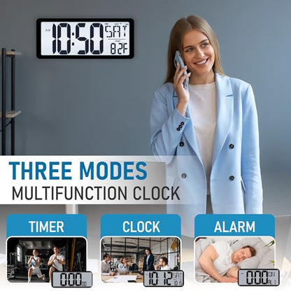 TXL Atomic Clock with Backlight, 14.2" Large Digital Wall Clock Battery Operated, Digital Clock Large Display with Day, Date & Temperature, Large Wall Clock for Bedroom, Livingroom, Office - color: Black Atomic Backlight-14.2in