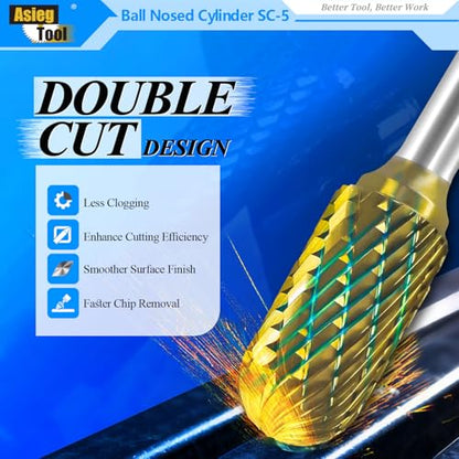 SC-5 5pcs Tungsten Carbide Burr TiN Rotary File Cylindrical Shape with Radius End Double Cut with 1/4''Shank for Die Grinder Drill Bit - style: 5pcs SC-5 TIN