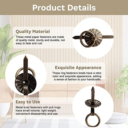 20Pcs Metal Brad Fasteners with Decorative Pull Rings, Pull Ring Handle - color: Small Bronze 20Pcs