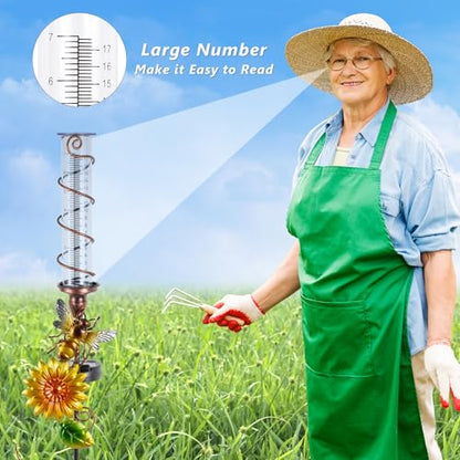Rain Gauge Outdoor, Solar Water Gauge for Rain - color: Yellow Sunflower-Bee