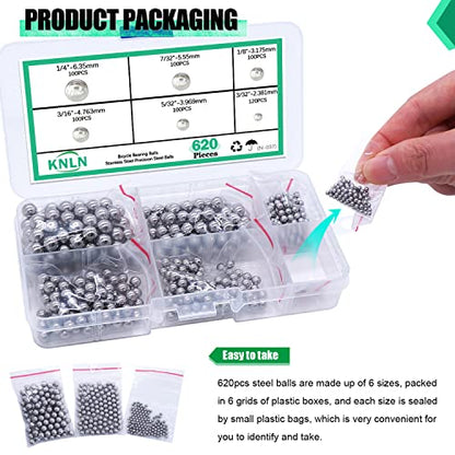KNLN/620PCS 6 Size Bicycle Bearing Balls Stainless Steel Precision Steel Balls Stainless Steel Assorted Loose Kit 1/4" 7/32" 3/16" 5/32” 1/8" 3/32" N-037-620PCS - size: 620PCS-6 SIZE-1/4"-3/32"