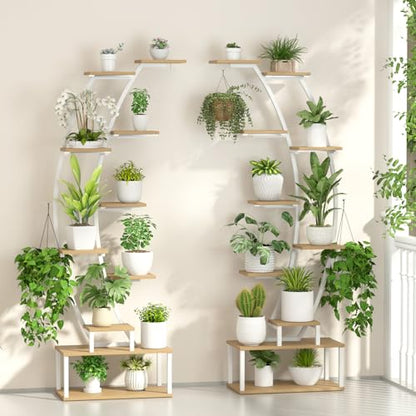 Plant Stand Indoor with 8 Grow Light,65" Tall 10 Tier White Half Moon Shelf - color: Light Brown Board White Metal 10 Tier 2 Pack