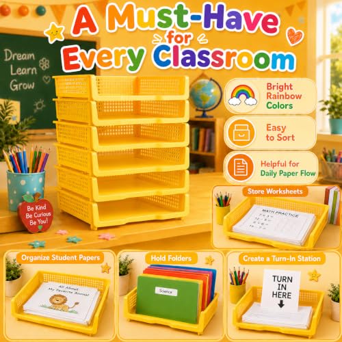 6 Pcs Yellow Turn in Trays Classroom, Stackable Paper Bins for Classroom, 13x9x2.8 inch Plastic Baskets Desktop Organization System Office (Yellow) - color: Yellow